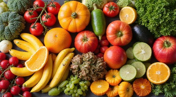 Una variedad de frutas y verduras frescas dispuestas artísticamente.