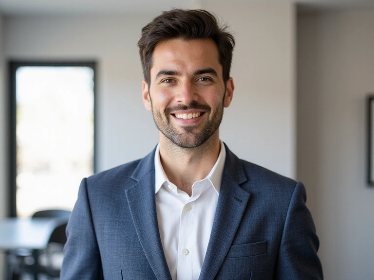 Retrato profesional y amigable de un nutricionista masculino, Javier Ruiz, en un entorno de consulta moderno.