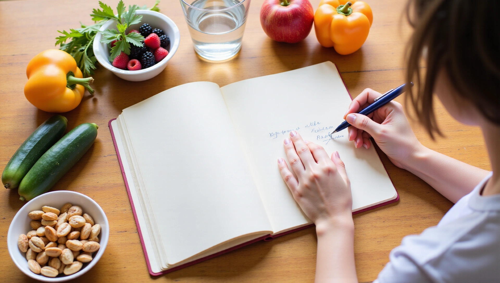 Persona escribiendo en un cuaderno con alimentos saludables alrededor, simbolizando planificación y bienestar.